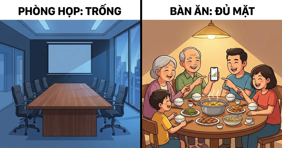 Meme hai khung: phòng họp hội đồng quản trị bỏ trống, còn bàn cơm gia đình thì đủ mặt đang bàn chuyện công ty