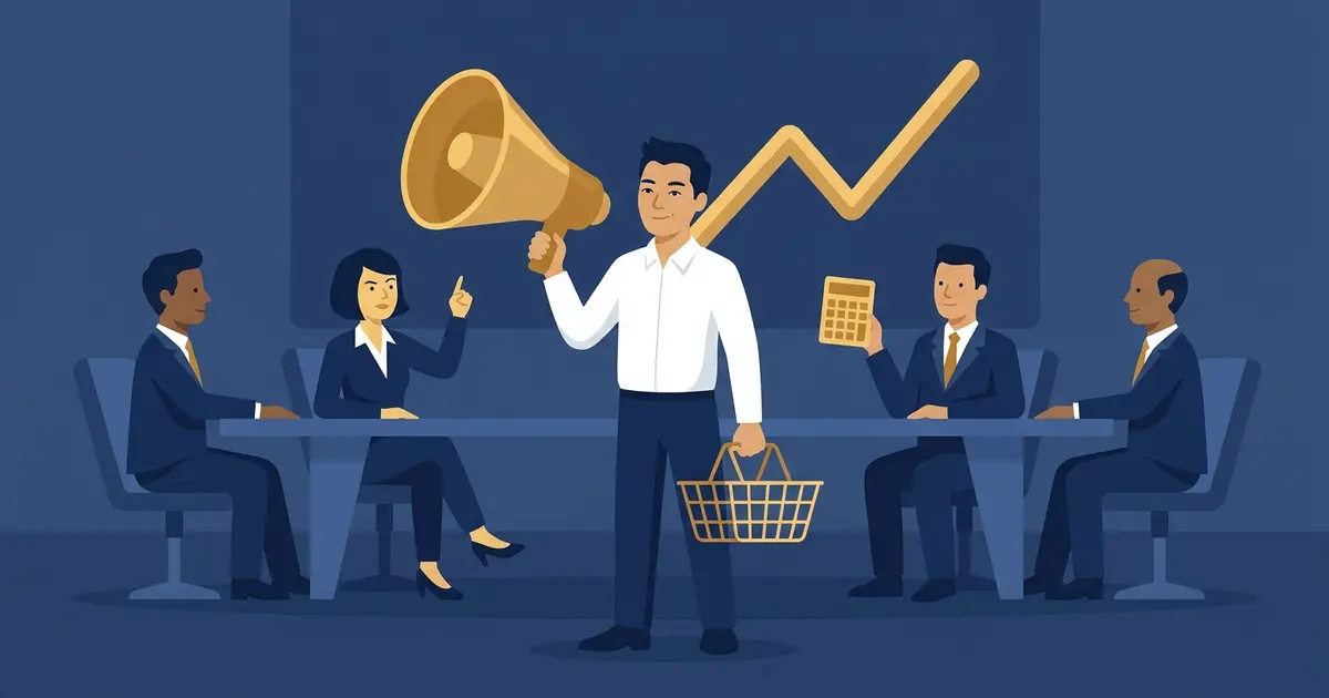 Minh họa chủ doanh nghiệp trong phòng họp cầm loa lớn và một giỏ mua hàng gần trống, hội đồng quản trị nhìn với vẻ hoài nghi