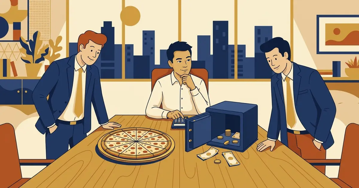 Minh họa chủ doanh nghiệp ở bàn họp cổ đông, một bên là bánh pizza cắt nhiều miếng, một bên là két sắt gần trống