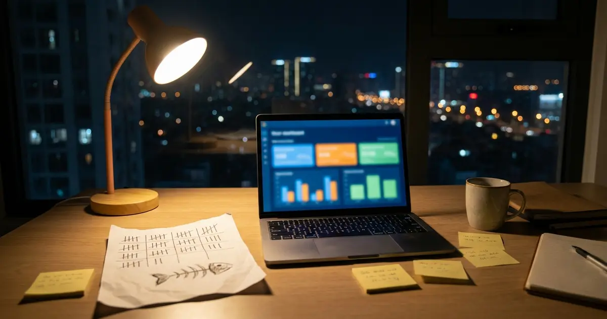 Bàn làm việc buổi tối, laptop mở bảng biểu đồ, bên cạnh tờ giấy kẻ ô đếm lỗi và phác thảo xương cá
