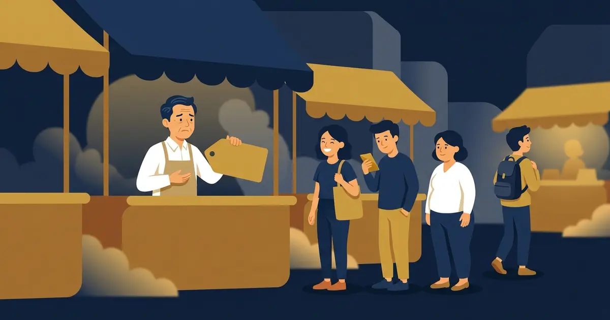 Minh họa chủ doanh nghiệp cầm tấm thẻ giá còn trống đứng sau quầy hàng, trước hàng người mua đang chờ