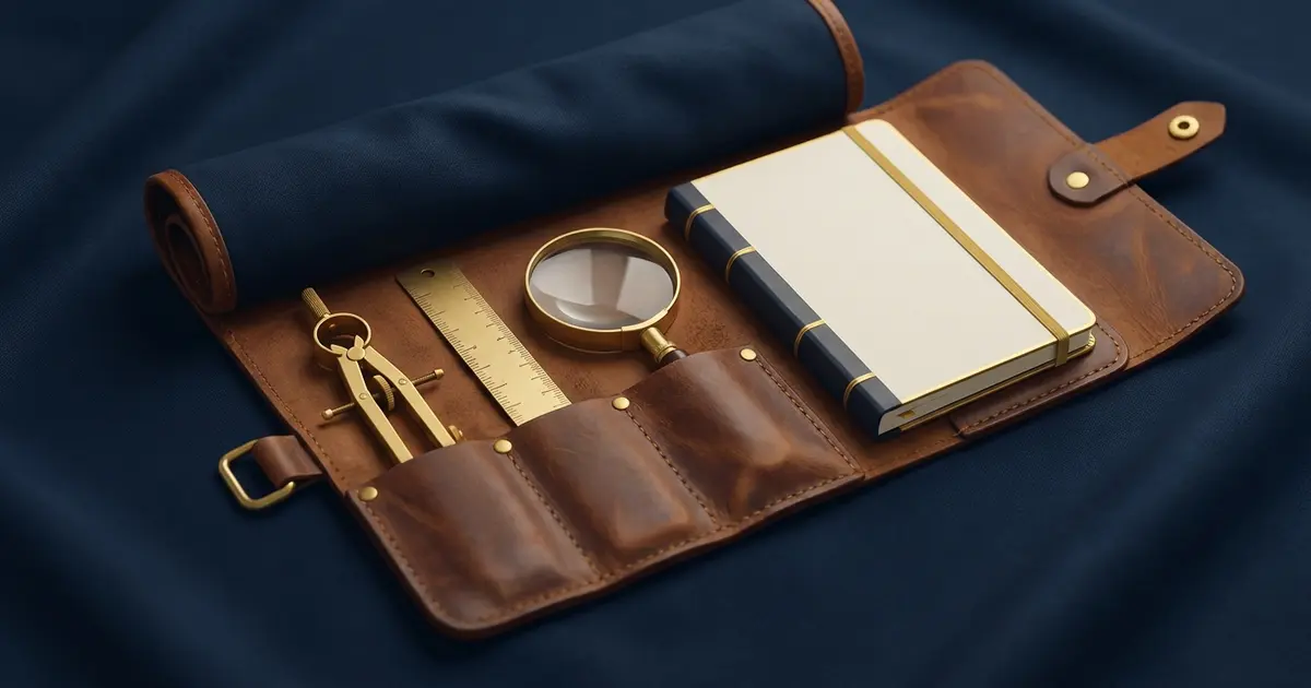 Bộ dụng cụ bọc da mở trên vải navy gồm compa, thước, kính lúp vàng và cuốn sổ tay