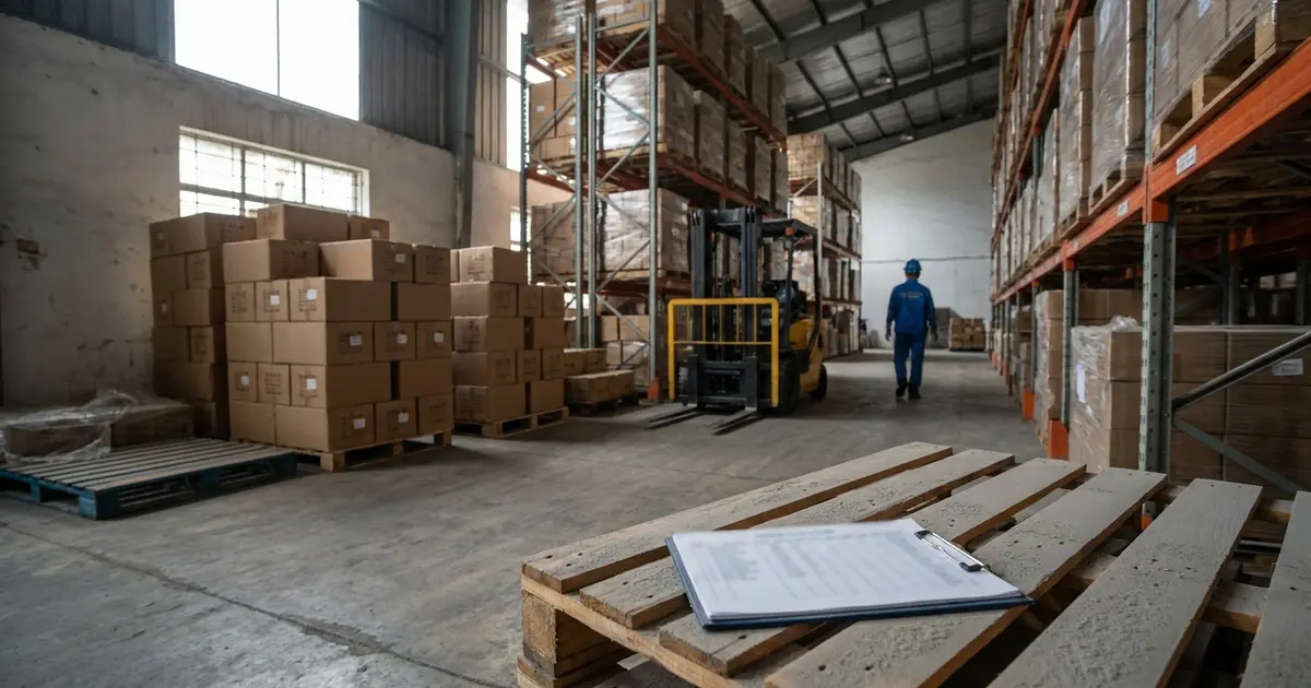 Kho hàng buổi sáng, nhiều kiện hàng nằm lâu trên kệ, phiếu kiểm kê đặt trên pallet