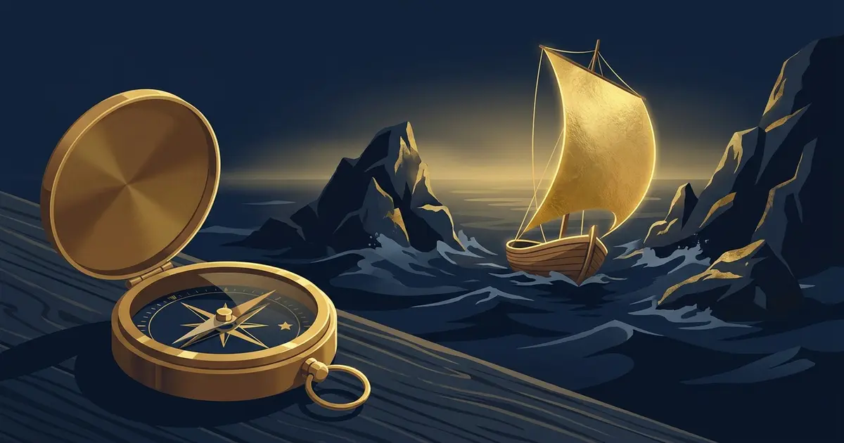 Thuyền buồm vàng lách qua những mỏm đá trên biển navy, chiếc la bàn đồng ở tiền cảnh