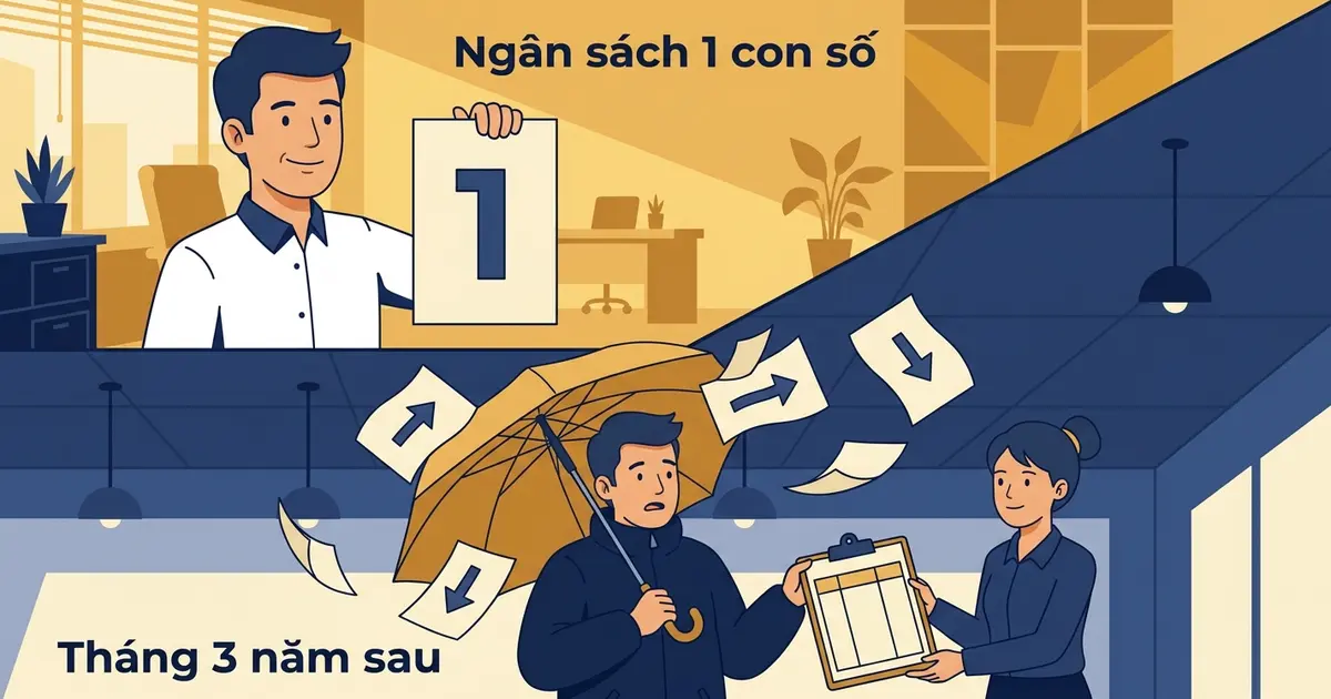 Tranh vui hai khung: chủ doanh nghiệp tự tin cầm tờ ngân sách một con số, rồi tới tháng 3 năm sau phải che ô giữa giấy tờ bay tung, trợ lý đưa bảng ba cột