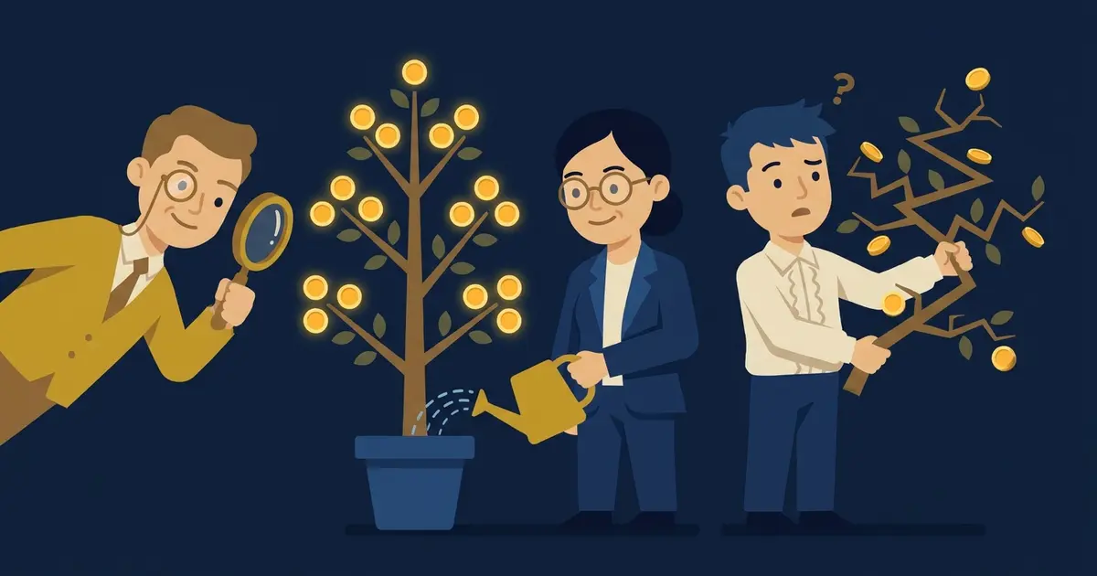 Minh họa hai chủ doanh nghiệp chăm hai cây tiền, một cây lớn đều, một cây lên xuống thất thường, nhà đầu tư cúi nhìn cây lớn đều
