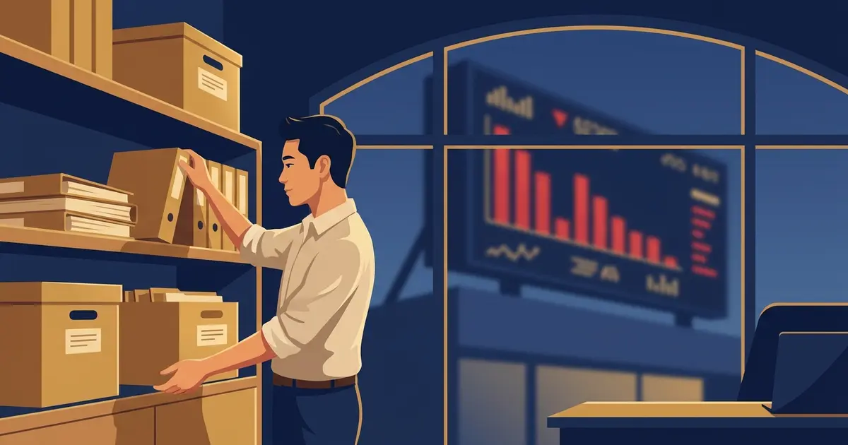Hình minh họa chủ doanh nghiệp đang sắp xếp hồ sơ ngăn nắp trong văn phòng, ngoài cửa sổ là bảng điện chứng khoán toàn cột đỏ
