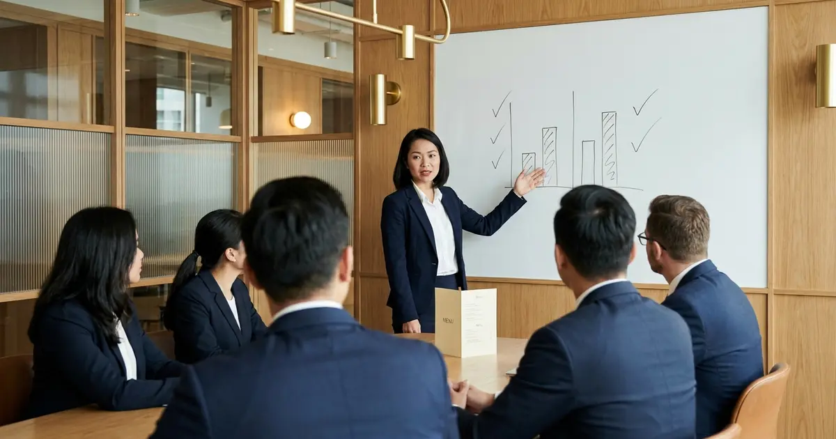 Nữ giám đốc tài chính chỉ vào bảng so sánh kế hoạch và thực tế trước hội đồng quản trị, trên bàn có tấm thực đơn gấp đôi