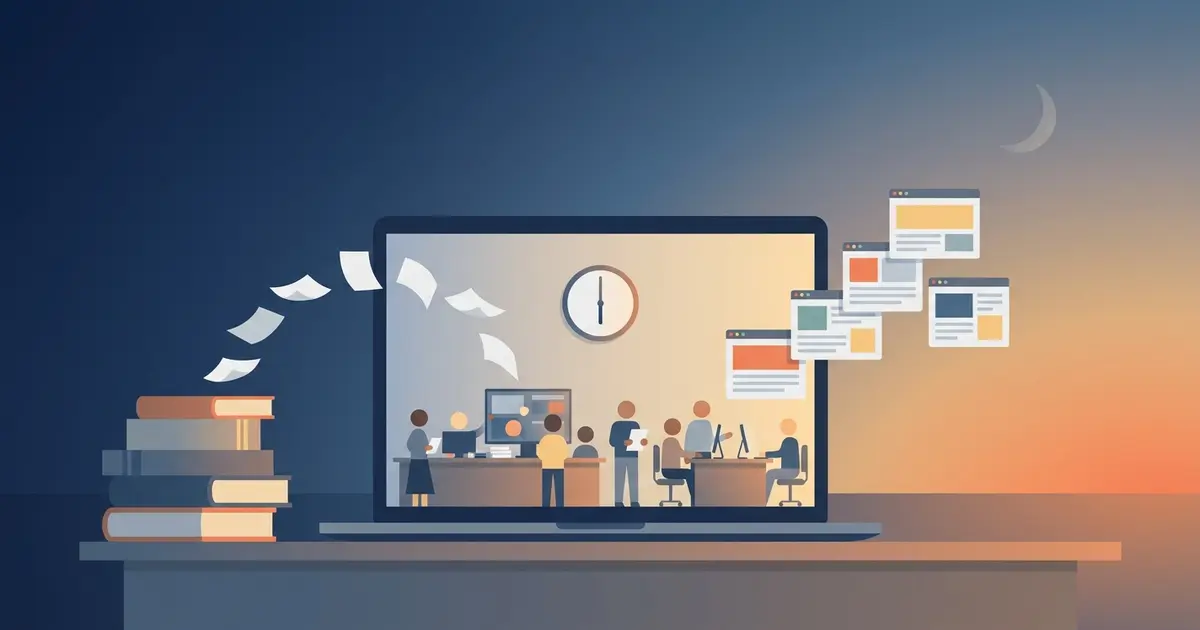 Minh họa tòa soạn nhỏ trong laptop lúc bình minh, giấy từ chồng sách biến thành các trang web