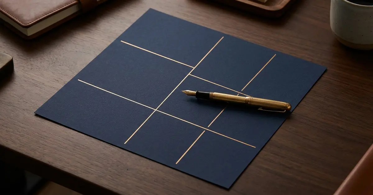 Tờ giấy navy chia ô bằng các đường kẻ vàng, cây bút máy vàng đặt ngang một ô trống trên bàn gỗ